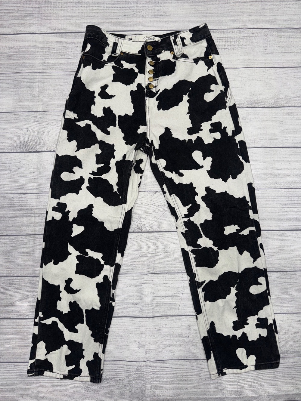 Cider Black & White Cow-Print Straight Leg Jeans